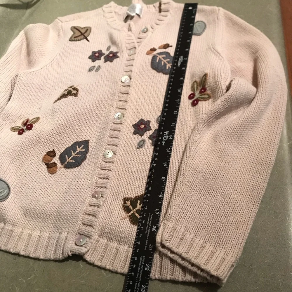 Vintage Cozy Ramie Cotton Blend Cardigan Fall Leaves Appliqué - Picture 8 of 10
